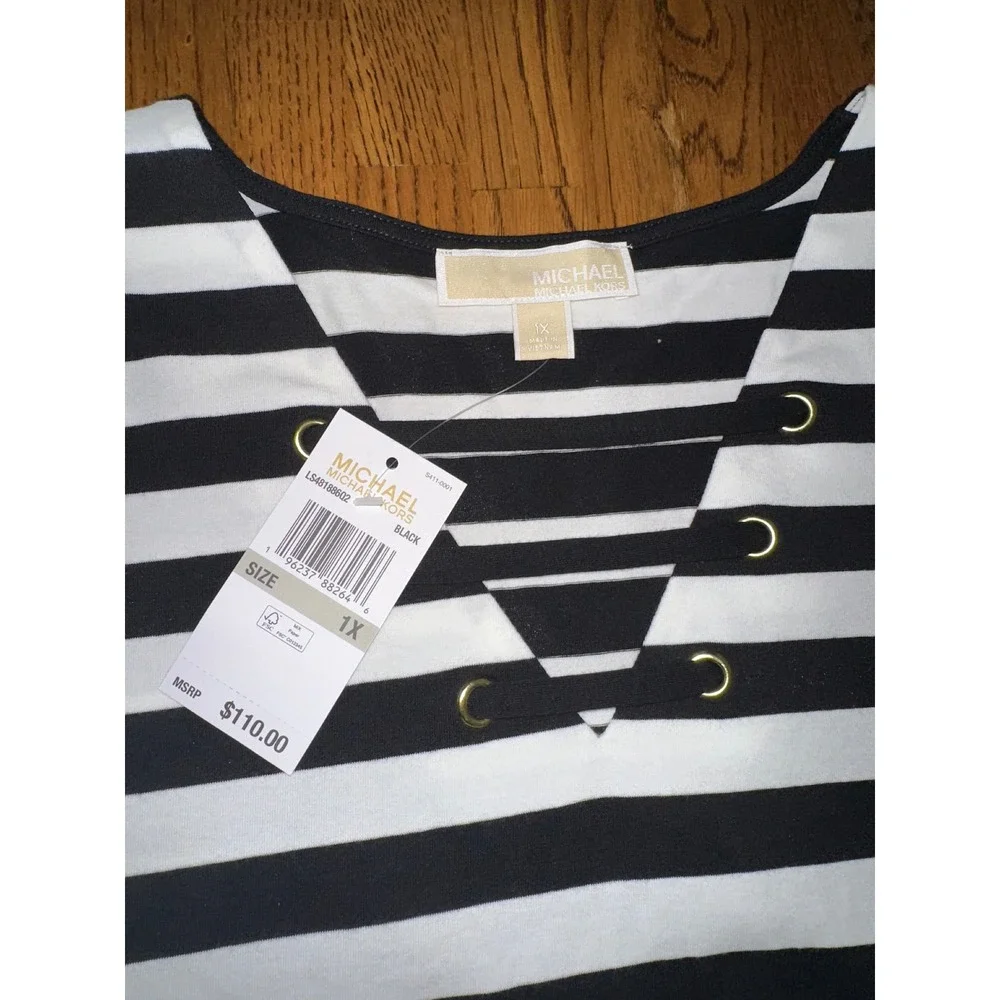 Michael Kors New 1X Striped Lace Up V-Neck Nautical T-Shirt Dress Black White